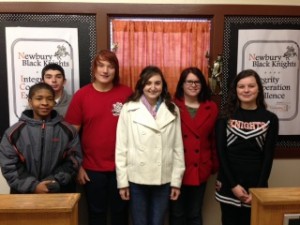 Newbury Jr.-Sr. High School Students of the Month for November are (l to r) front row: seventh-grader Dorion Talley, junior Kayla Borsi; and back row: sophomore Zach Temple, freshman Trevor Conklin, senior Lexi Shaw and eighth-grader Leisel Fenstermaker. They were honored at the Newbury School Board meeting and had lunch with their principal, Mrs. Michelle Mrakovich, at Mangia! Mangia! (Submitted)