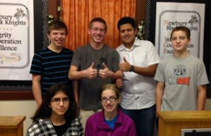 Newbury Jr.-Sr. High School Students of the Month for December are (l to r) front row: seventh-grader Sarah Perez, freshman Grace Wright; and back row: eighth-grader John Chambers, senior Jimmy Szymanski, junior Lars Torres and sophomore Jared Dassatti. They were honored at the Newbury Schools Board of Education meeting and had lunch with Principal Michelle Mrakovich at Mangia! Mangia! (Submitted)