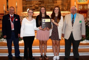 Submitted St. Helen School eighth-grade Knights of Columbus Essay winners are (l to r) Dayna Rakoczy, first place; Lily Martin, third place; and Clare Chesler, second place. The Knights presenting the awards are Mike Kalal and Ed Rowan. 
