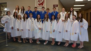 St. Mary School’s class of 2014 graduates are (l to r) top row: Jamie Fowle, Annie Petro, Tyler Wascovich, Brandon Aebie, William Cavanaugh, Sam Rodriguez, Collin McKenzie, Brianna Fedak, Alyse Zemba; and front row: Natalie Kline, Lucia Rosace, Faith Carey, Taylor Tomcany, Claire Milano, Allie Malloy, Brianna Porfilio, Erin Eppich, Caren Lasota, Izabella Buzogany, Erin Brennan and Ella Brickman.