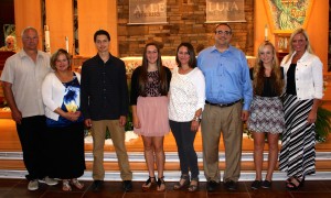Submitted St. Helen School eighth-graders Joe DiMattio, Lily Martin and Jacqueline DeRue received the NDCL Scholar Award, which is a renewable scholarship if they maintain a 3.5 GPA. From left are Greg and Lisa DiMattio with their son Joe, Lily Martin with her parents T.J. and Dan, and Jacqueline DeRue with her mom Lauri.