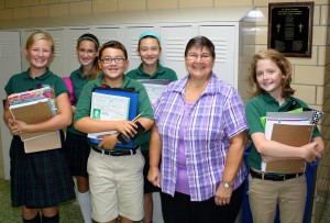 Submitted St. Helen School eighth-graders (l to r) Maggie Murray, Ashley Rulison, Bradford Fram, Katie Lee and Isabelle Brent and looking forward to a fun year learning algebra with their teacher, Sr. Susan.