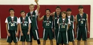 Submitted St. Helen CYO eighth-grade boys basketball team took first place in the St. Francis of Assisi Cougar Classic Tournament Jan. 17. The boys became Division B champions after a close game against Holy Family of Stow, winning 26–24. From left are Jonathan Heredos, Zach Yokules, Andrew Kampe, Joe Pallante, Sam Myers, Zac Wolfe, Daniel Heredos and Luke Peric.