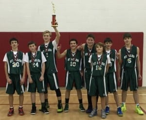 Submitted St. Helen CYO eighth-grade boys basketball team took first place in the St. Francis of Assisi Cougar Classic Tournament Jan. 17. The boys became Division B champions after a close game against Holy Family of Stow, winning 26–24. From left are Jonathan Heredos, Zach Yokules, Andrew Kampe, Joe Pallante, Sam Myers, Zac Wolfe, Daniel Heredos and Luke Peric.