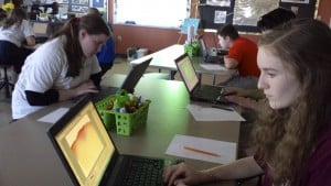 Submitted Eighth-graders Hannah Taylor and Sidney McInnerney experiment with digital art in St. Helen’s new computer art lab.  