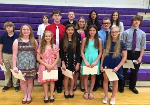 SUBMITTED The Berkshire Junior National Honor Society inducted 14 students in a ceremony on May 29. They are (l to r) front row: Lauren Evans, Jillian Kumher, Megn Filby, Madison Romask, Morgan Scott; second row: Alex Bates, Alexander Eggleston, Hayley Kumher, Dominic Mann, Griffin Urban; and back row: Josiah Schindelar, Caden Neumore, Lianna Tiber and Kayla Dingman.