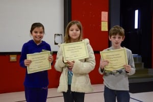 Submitted East Geauga Kiwanis Club recognizes Cardinal Intermediate School third-graders (l to r) Ana M., Starr D. and Bryant C. for being outstanding students as chosen by their teachers. Each student received a certificate and four nonfiction books. [Not pictured: Danica T.]