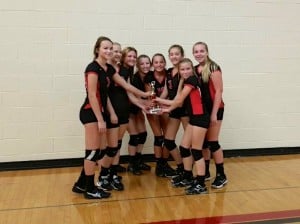 Submitted Members of the Cardinal Middle School eighth-grade volleyball team pose with their CVC Tournament trophy after winning the South bracket.