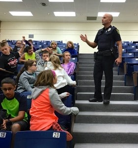 Submitted Chardon Police Officer Mike Shaw speaks to Chardon Middle School students about internet safety.