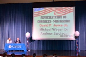 Submitted Michael Wager, left, and Andrew Jarvi, candidates for Ohio’s 14th Congressional District, field questions during a candidates night forum held at Kenston High School.