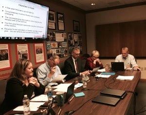 Submitted At the Oct. 17 meeting of the Chardon Schools Board of Education, Chief Financial Officer Ashley Brudno, far left, presented the district's annual five-year financial forecast. Also pictured are (from left) board President Guy Wilson, Superintendent Mike Hanlon and board members Madelon Horvath and Paul Stefanko.