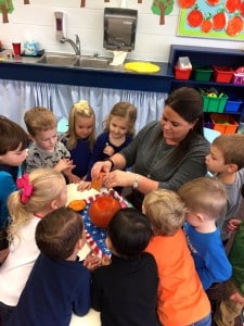 Submitted Mrs. Rowan's 3-year-old preschoolers investigate pumpkin volcanoes.