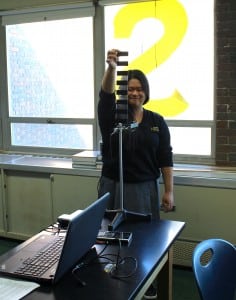 Submitted Ariel Lam, of Middlefield, uses a Vernier Photogate and picket fence to measure acceleration of a free falling body.