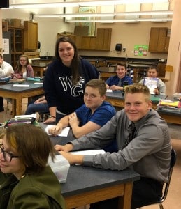 Submitted West Geauga High School science teacher Stephanie Meyer was recently honored for being among the top 100 teachers in Ohio on the Resident Educator Summative Assessment. She is pictured with students Matthew Harbert and Zach Slapnicker.