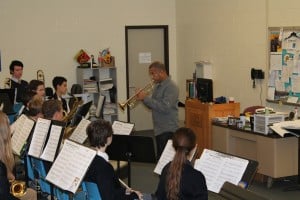 Submitted Cathedral Latin alumnus Johnny Britt `75, a professional singer, composer and musician, took time to jam with NDCL band students on Oct. 19.