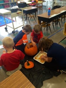Submitted First-grade students in Mrs. Pike’s class explore the inside of a pumpkin, studying its size, features and internal characteristics as part of classroom lessons on math, reading and science.