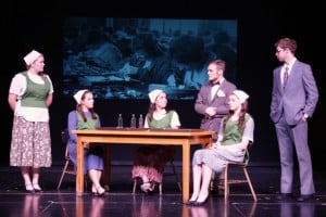 Submitted The cast and crew of “Radium Girls” (l to r) Jenna Blackburn, Dayle Foster, Julia Fugedy, Kelsey Kundtz, Jacob Spencer and Nathan Wasinski efficiently transition locations in this fast moving drama. A large rear projection screen flashing black and white photographs, many from news stories of the real events, helps set the scenes.