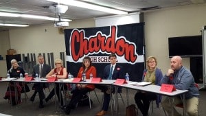 Submitted Panelists who shared writing and communication tips with Chardon High School seniors as part of Language Art LIVE! include (l to r) Sheri Wright, Mike Hanlon, Madelon Horvath,  Laurie Thompson, John Hofstetter, Mary Owen and Jeremy Guy.