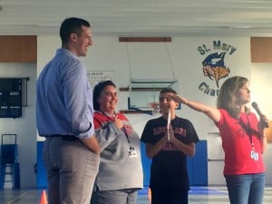 Submitted Zoltan Mesko recently spoke to St. Mary School students during the school’s pep rally. With Zesdo are Mrs. Julie Fedak, Augie Rosace and Mrs. Jenny Rodriguez.
